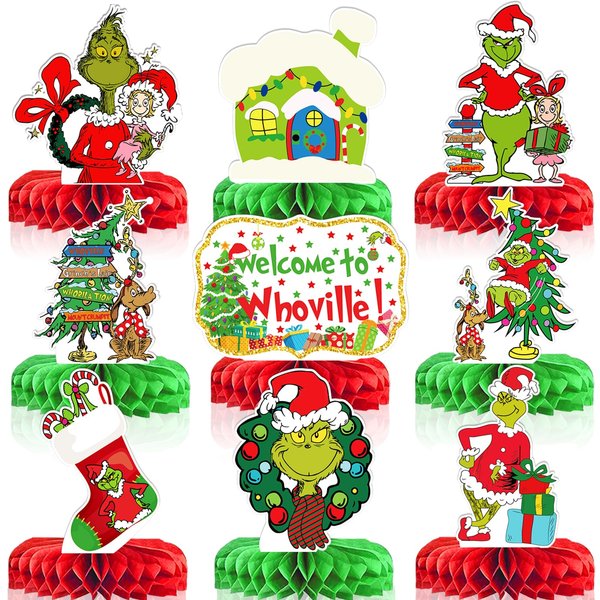 9pcs Christmas Table Decorations,Christmas Honeycomb Centerpieces Whoville Christmas Decorations Christmas Birthday Party Decorations Christmas Party Supplies Christmas Decor