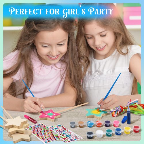 Byncceh 12 Sets Make Your Own Wooden Princess Wand Craft Kit, Fairy Wands Kit Include Fairy Wands, Gems Stickers, Paint & Ribbons Decorate Art DIY Magical Show for Party Supplies for Girls Gifts
