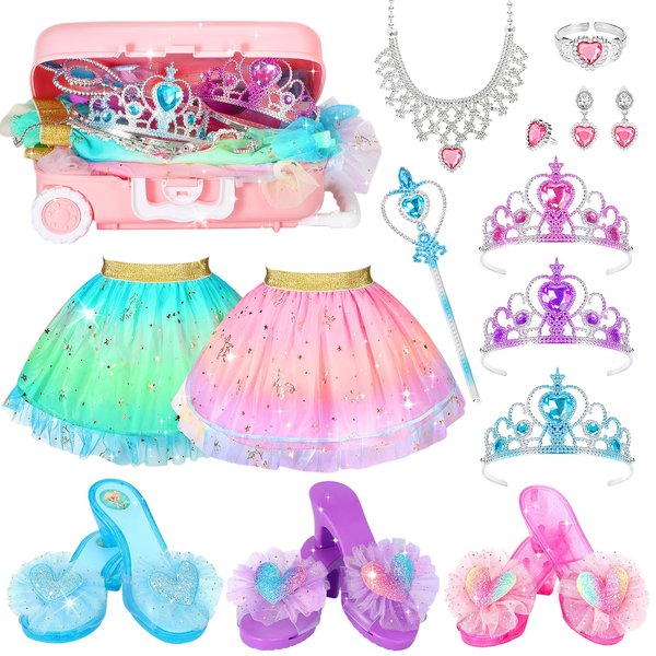 19 Pcs Princess Dress Up Shoes Gift Set, Girls Role Play Dress Up Toys & Costumes Set, Toddler Pretend Jewelry Boutique Kit Gift for Little Girls Aged 3 4 5 6 Years Old