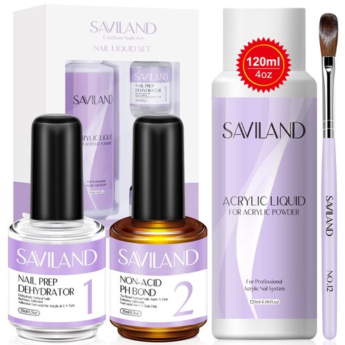 SAVILAND 120ml Acrylic Nail Liquid – 4 oz Acrylic Liquid with Nail Dehydrator and Primer for Gel Fast Dry Superior Bonding, Liquid Monomer for Extension with Brush for Starter Home DIY Salon