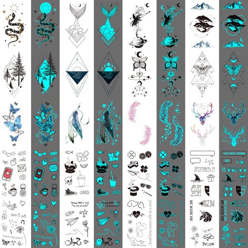 Glaryyears Glow in the Dark Blue Temporary Tattoos for Adults, 180+ Mixed Styles 36 Sheets Fake Body Tattoo Stickers, Unique Accessory Luminous for Men Women Party Favors Supplies Nightclub Pub