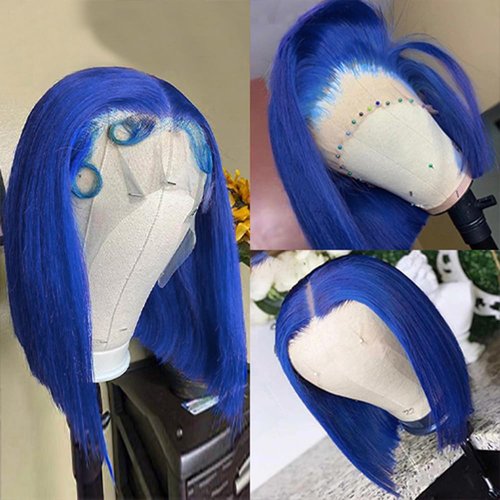 Pre Plucked 13X4 Straight Blue Bob Wig Human Hair HD Lace Frontal Wigs With Baby Hair Natural Hairline 100% Unprocessed Human Hair HD Transparent Lace Frontal Blunt Cut Blue Bob Wigs For Black Women