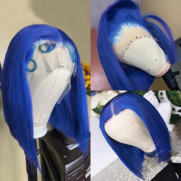 Pre Plucked 13X4 Straight Blue Bob Wig Human Hair HD Lace Frontal Wigs With Baby Hair Natural Hairline 100% Unprocessed Human Hair HD Transparent Lace Frontal Blunt Cut Blue Bob Wigs For Black Women