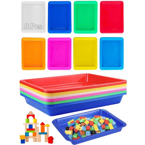 8 Pack Plastic Art Trays 10.9'' x 8.3'' x 1.2'', 8 Colors Activity Crafts Tray Serving Tray Organizer Tray for Kids School Classroom DIY Projects, Painting, Jewelry, Beads, Home Organizing Supply