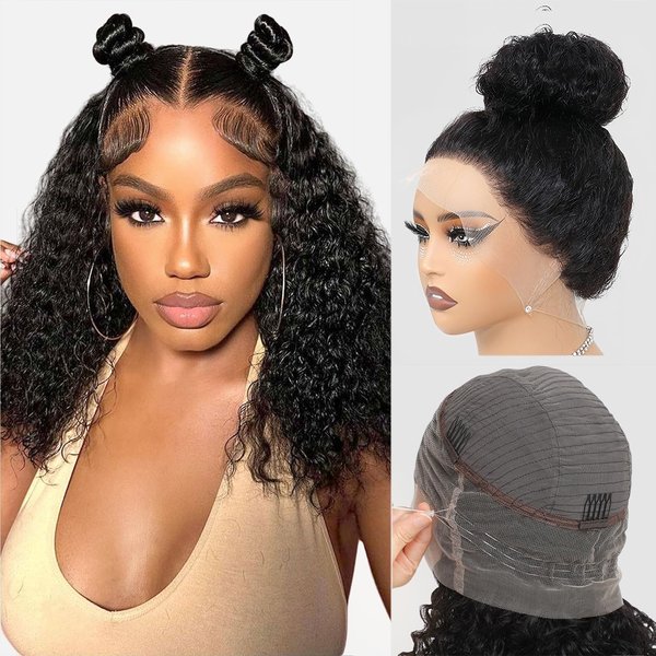 Hidden Strap 360 Deep Wave Lace Front Wigs Human Hair Curly Bob Wig With Drawstring Full Lace Bob Wigs Human Hair For Black Women 360 HD Lace Front Wigs Human Hair Pre Plucked with Baby Hair (12 Inch)