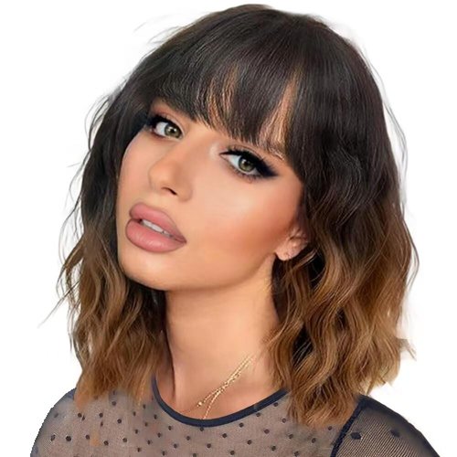 Ulzzviy 14 Inch Short Wavy Bob Wigs for Women Natural Looking Medium Length Wig with Bangs Heat Resistant Fiber Black to Brown Ombre for Daily Wear