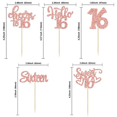 30Pcs 16th Birthday Cupcake Toppers Sixteen Happy 16th Cupcake Picks Cheers to 16 Sweet 16 Cake Decorations for 16th Birthday Anniversary Party Supplies Rose Gold Glitter