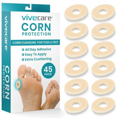VIVESole Corn Pads for Feet (45 Count) - Corn Cushions for Between Toes & Bottom of Foot - Soft Foam Patches for Corn Relief - Round Self Adhesive Padding for Feet, Big Toe, & Pinky Toe Protector