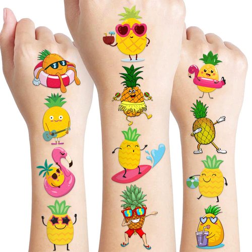 118 PCS Funny Fruit Pineapple Temporary Tattoos Sticker Hawaiian Summer Tropical Luau Gold Birthday Party Decorations Supplies Favors Gifts Girls Boys Prizes Cute Tattoo School Reward Themed