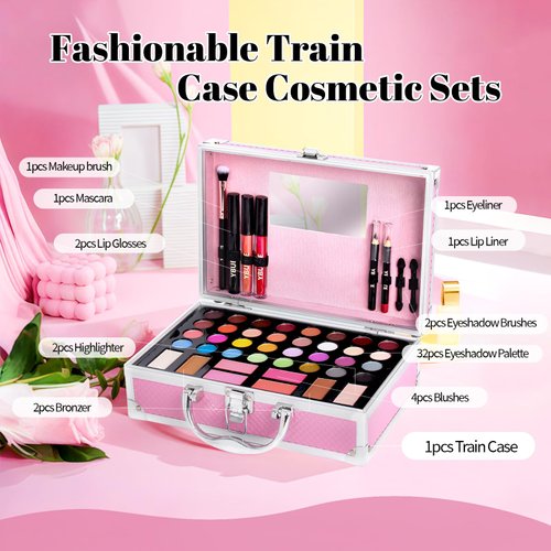 YBUETE Beginner Makeup Kit for Teen,Makeup Set for Girl Women,Beginner Makeup Kit with Cosmetic Train Case Included 32 Colors Eyeshadow Blush Contour Lip Gloss Lip Liner Mascara Eyeliner Mirror
