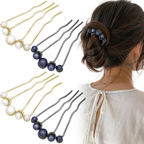 4Pcs Pearls Twist Hair Pins French U Shape Hair Side Combs Metal Hair Fork Decorative Hairpins Updo Hair Sticks Clip Accessories for Wedding Brides Bridal Bridesmaids Women Girls