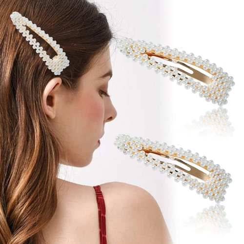 Elegant Pearl Hair Clips 2Pcs Handmade Gold Snap Clips Faux Pearls Hair Barrettes for Thick Hair Perfect for Women, Girls, Party, Wedding, Daily Styling Metal Alloy Hairpins