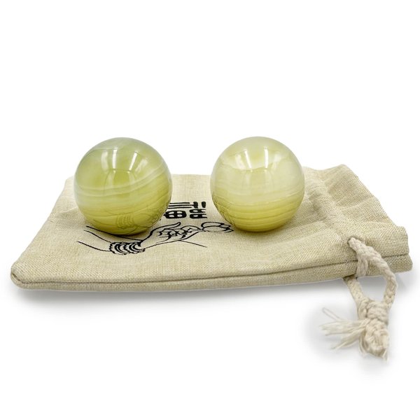 Surtiycrii 2" Natural Jade Green Baoding Balls with Carry Pouch Hand Baoding Balls Chinese Health Stress Relieve Hand Exercise Hand Massage Hand Balls