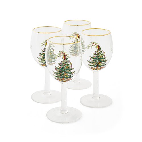Spode Christmas Tree Glassware - Set of 4 -Made of Glass – Gold Rim- Classic Drinkware - Gift for Christmas, Holidays, or Wedding - Drinking Glasses (Wine Glasses)