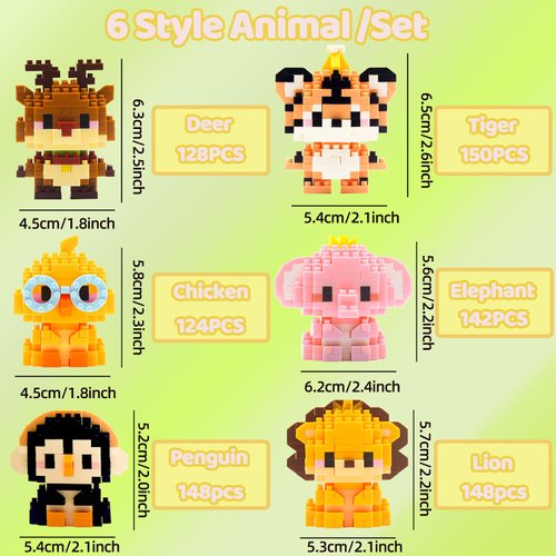 CHHOEAV 6 Pack Cute Mini Lion Tiger Reindeer Building Blocks Toys for Kids Classroom Prizes Goodie Bags Stocking Stuffers Christmas Birthday Party Favors Return Gifts for Boys Girls Age 6-12+