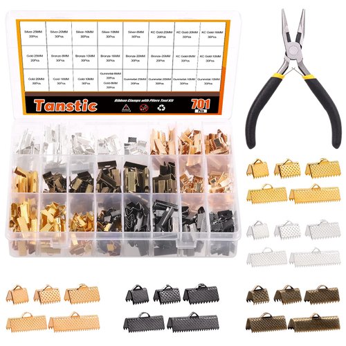 Tanstic 701Pcs Ribbon Ends with Pliers Set 5 Size 5 Color Ribbon Clamps Bookmark Pinch Crimp Cord Ends Fasteners Clasp Leather Crimp Ends Leather Ribbon Crimp Ends for Jewelry Making