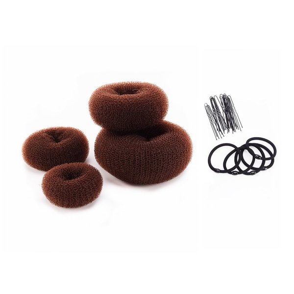 SWACC Hair Donut Bun Maker Set, 4 Sizes Included + Hair Ties & Bobby Pins (Brown) - For Updos, Scrunchie Chignons, and Ballerina Buns