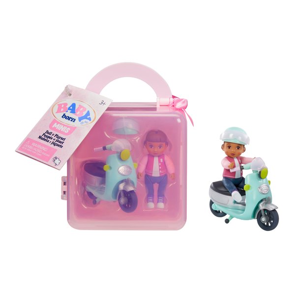 Baby Born MINIS Playset - Medium Tan Skin Tone Doll with Brown Eyes, Scooter & Helmet Accessory, Includes Reusable Carrying Case for On-The-Go Playtime