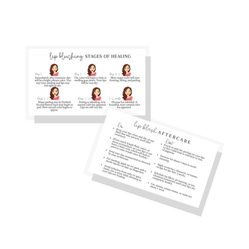 Lashicorn Lip Blush Stages of Healing & Aftercare Instructions Card | 50 Pack | 2 x 3.5 inches Business Card Size | Lip Blush Lip Glow Lip Tint PMU Lip Liner Full Lip Tint Tattoo | Emoji Girl Design