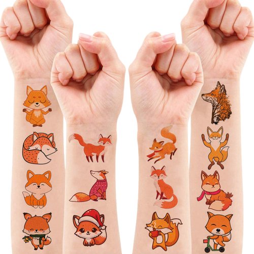 100 PCS Christmas Animal Fox Temporary Tattoos Sticker Fall Woodland Jungle Fox 1st Birthday Party Decorations Supplies Favors Gifts Boys Girls Safari Zoo Cute Fake Tattoo School Reward Themed