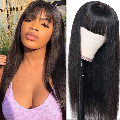HAIRWAY Straight Wigs with 50% Human Hair and 50% Premium Japanese Fiber Like Real Human Hair Wig for Black Women Synthetic Wigs Straight Hair with Bangs for Daily Wear 14inches #1B