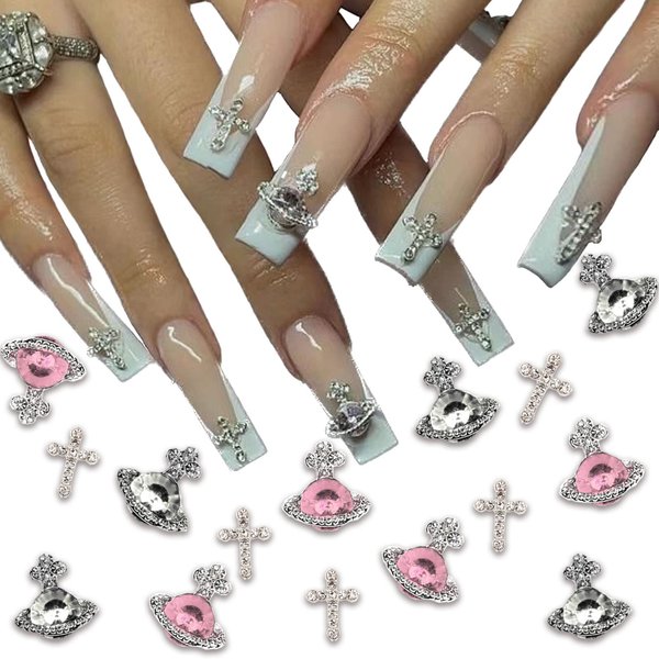 25 PCS Planet Nail Art Charms White Pink 3D Cross Nail Art Supplies with Rhinestones Saturn Shape Design Nail Gems Shiny Nail Jewelry Acrylic Accessories for Women Nail Decorations