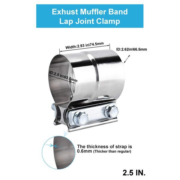 2.5 Inch Exhaust Clamps,Lap Joint Band Clamp 2pack,2 1/2 Exhaust Muffler band Clamp,304 Stainless Steel Pipe Repair Clamp DecoHongDi