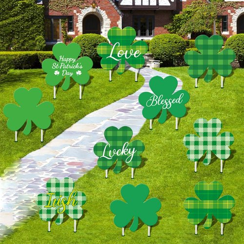 ALISSAR 10-Pack St. Patrick's Day Decorations Outdoor Yard Signs with Stakes-11.8 inch-Weatherproof-Shamrock Yard Signs-Waterproof Garden Lawn Walkway Decoration for St. Patrick's Day