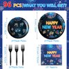 G1ngtar 96Pcs Neon New Year Eve Party Plates Supplies - 2025 Happy New Year Party Tableware Decorations Glow In The Dark Disposable Paper Plates Napkins Forks for Kids and Adults, Serves 24