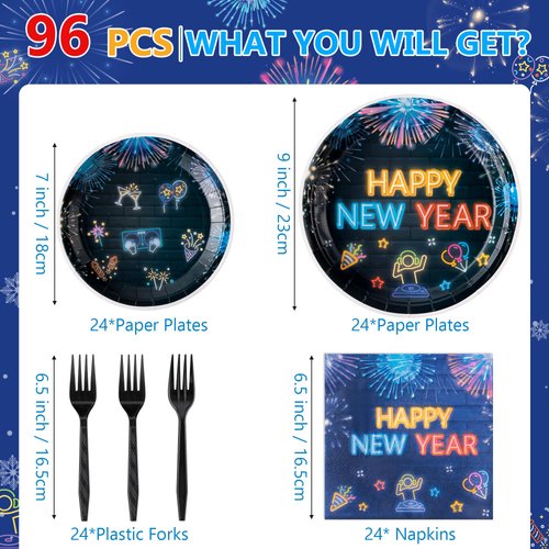 G1ngtar 96Pcs Neon New Year Eve Party Plates Supplies - 2025 Happy New Year Party Tableware Decorations Glow In The Dark Disposable Paper Plates Napkins Forks for Kids and Adults, Serves 24