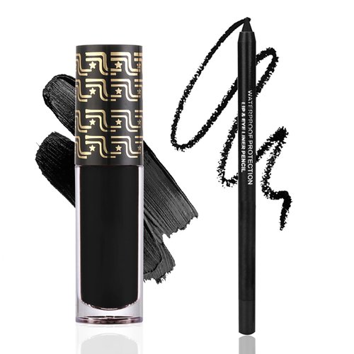 PPPanYiDi Black Matte Lipstick and Lip Liner Set,Long Lasting Moisturizing Black Lip Liner and Gloss Set,Waterproof Smudge Proof Liquid Lip Stain Makeup Kit for Halloween Goth Cosplay Party