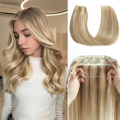 Tinashe Wire Hair Extensions Real Human Hair Straight Hair Extensions 16inch 80g Light Blonde Highlighted Golden Blonde Invisible Wire Fish Line Hair Extensions Straight Human Hair Extensions