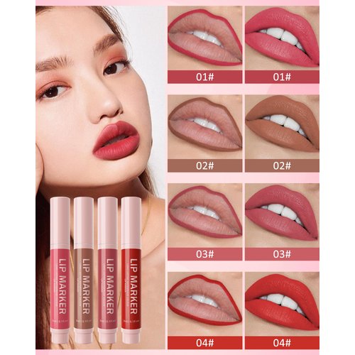 Lip Marker Stain Pen Set-4Pcs Matte Lip Tint Marker, Longlasting Waterproof Smudgeproof Lip Color,Hydrating Lip Stain Marker Liquid Lip Liner Pencil, Precise Chisel Tip, Lip Makeup Gift for Women-4Pcs