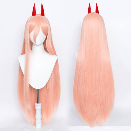 Aicos Long Pink Cosplay Wig for Anime Role Cosplay, Pink Wigs with Horns for women, Cute Costume Wig with a Free Wig Cap