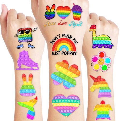 Pop it Fidget Toy Temporary Tattoos Birthday Party Decorations Supplies Favors 100 PCS Super Cute Fake Tattoo Stickers Party Gifts for Kids Children Girls Boys Home Activity School Rewards