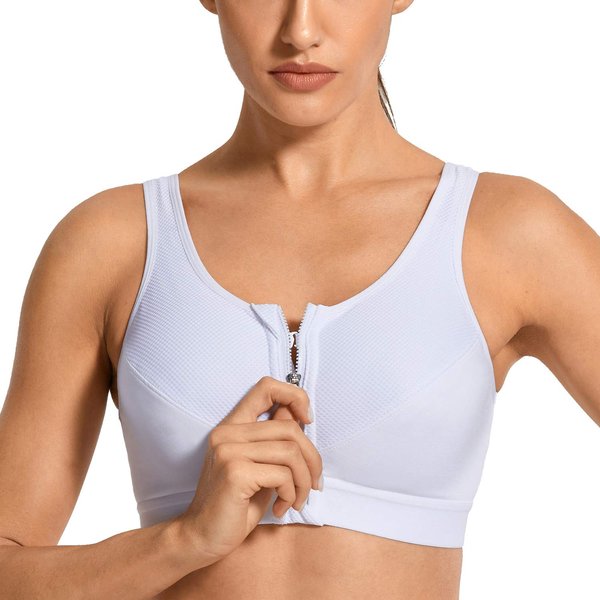 SYROKAN Women's Zip Front High Impact Wireless Racerback High Support Zipper in Front Sports Bra White 36C