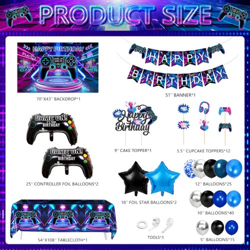 JOPHMO Video Game Birthday Party Decorations for Boy Game Happy Birthday Party Supplies with Happy Birthday Backdrop Banner Gaming Tablecloth Blue Balloon Arch Kit Cake Toppers for Boy Birthday Party