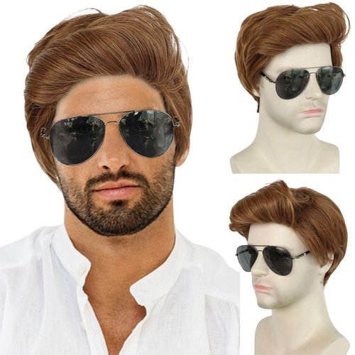 JoneTing Short Brown Wig +(Wig Cap) Short Men's Wig Side Part Wig Layered Wig for Men Wavy Short Wigs Natural Synthetic Wig for Cosplay Halloween Party Christmas Daily Dress Up