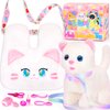 NINAOR Interactive Cat Toys for Kids with Crossbody Bags, Stuffed Cat Plush with Leash Walking Meow Pretend Play Kitty Robot Pet Toy, Electronic Realistic Cute Stuff for Girls Plushies Toddler Toys