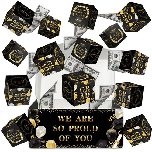 16Pcs Graduation Exploding Money Gift Box Black Glod Congrats Bouncing Surprise Cash Pop-Up Box Grad Cash Gift Idea for Congrats Grad Girdle Gift Bags 2024 High School College Graduation Party Favors