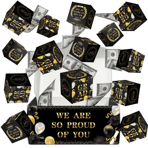 16Pcs Graduation Exploding Money Gift Box Black Glod Congrats Bouncing Surprise Cash Pop-Up Box Grad Cash Gift Idea for Congrats Grad Girdle Gift Bags 2024 High School College Graduation Party Favors