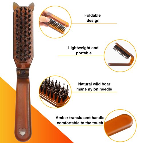 Yasdyri Travel Folding Hair Brush Portable Pocket Boar Bristle Brush for Women, Men, and Children, Folding Mini Boar Bristle for Wet and Dry Hair, Curly and Detangle 2 Pack