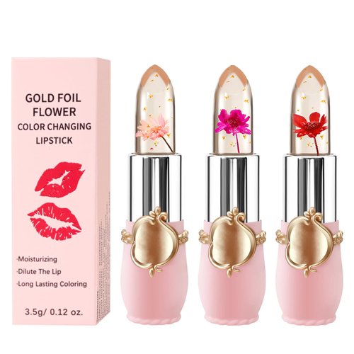 3 Pcs/Set Flower Jelly Lipstick Set Temperature Change Moisturizer Long Lasting Nutritious Balm Magic Color Change Lip Gloss (3Pcs Flower Jelly Lipstick A)