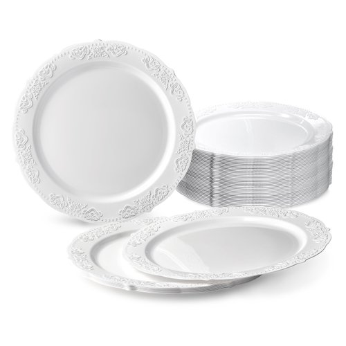 " OCCASIONS " 40 Plates Pack, Vintage Party Disposable Wedding Party Plastic Plates (7.5'' Appetizer/Dessert Plate, Portofino in White)