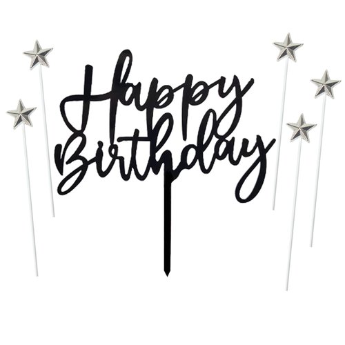 ZHENGYE Set of 1 Black Acrylic Happy birthday Cake Topper And 5 pcs silvery Star Cupcake Topper Cake Decoration Supplies for Baby Shower Birthday Decorations(Black 14)
