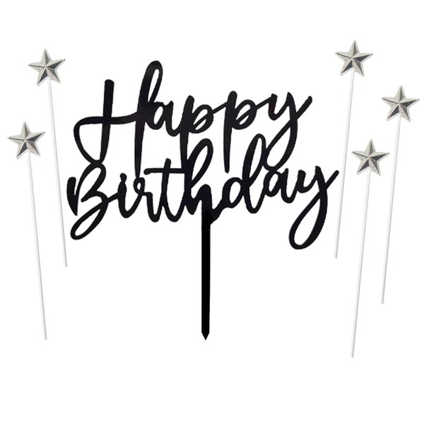 ZHENGYE Set of 1 Black Acrylic Happy birthday Cake Topper And 5 pcs silvery Star Cupcake Topper Cake Decoration Supplies for Baby Shower Birthday Decorations(Black 14)