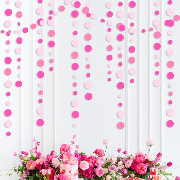 Hot Pink Party Decorations Circle Dots Garland Rose Pink White Hanging Paper Polka Dots Streamer for Birthday Bachelorette Engagement Wedding Baby Bridal Shower Anniversary Minnie Theme Party Supplies