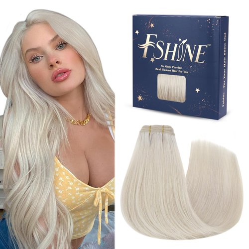 Fshine White Blonde Weft Hair Extensions Human Hair 16 Inch Blonde Weft Hair Extensions Sew in Straight Hair Bundles Human Hair Full Head 100 Gram