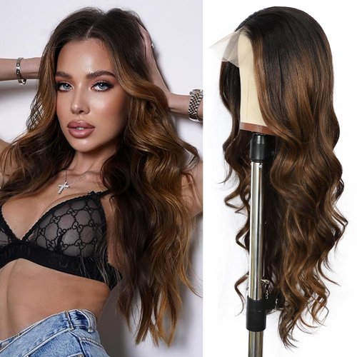 LLEI'Z Ombre Dark Brown Wavy Wig for Women, 13x4 Transparent Lace Front Long Dark Brown Wigs Middle Part Wavy Wig Natural Looking Synthetic Heat Resistant Fiber Wig for Daily Party Use 26 Inch