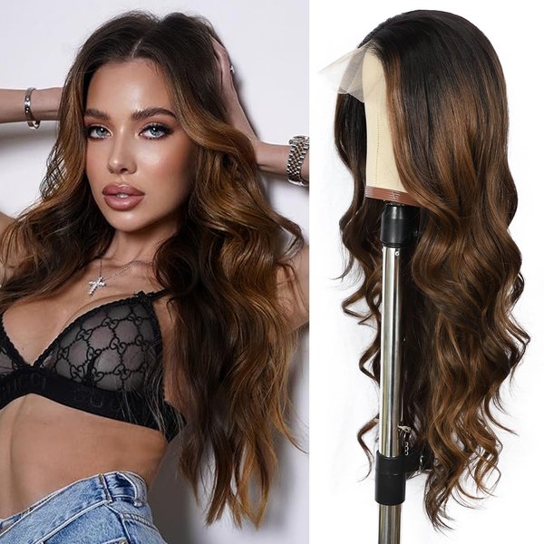 LLEI'Z Ombre Dark Brown Wavy Wig for Women, 13x4 Transparent Lace Front Long Dark Brown Wigs Middle Part Wavy Wig Natural Looking Synthetic Heat Resistant Fiber Wig for Daily Party Use 26 Inch